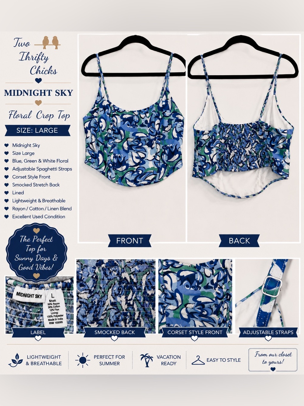 Midnight Sky Blue Floral Corset Style Crop Top Size Large GUC